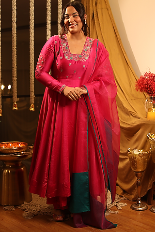 Pink Handwoven Chanderi Hand Embroidered Anarkali Set by The Aarya