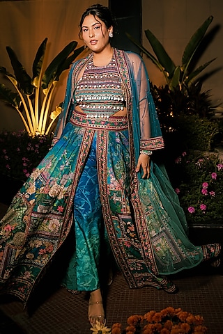 Teal Hand Painted Skirt Set by Kalista