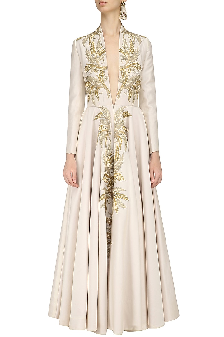 Ivory zari work long sleeves front open gown available only at Pernia's Pop Up Shop.