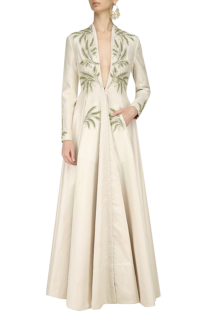 Ivory embroidered front open gown available only at Pernia's Pop Up Shop.