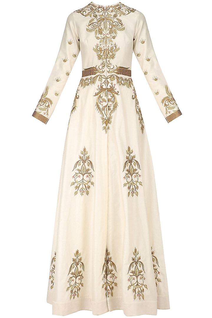 Ivory Embroidered Long Sleeves Front Open Gown by Samant Chauhan