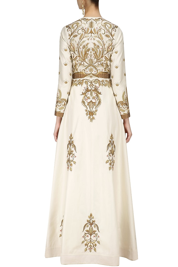 Ivory embroidered long sleeves front open gown available only at Pernia's Pop Up Shop.