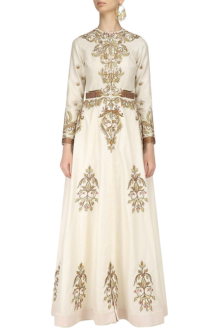 Ivory embroidered long sleeves front open gown available only at Pernia's Pop Up Shop.