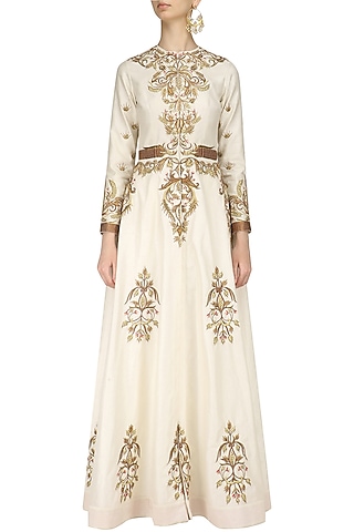 Ivory Embroidered Long Sleeves Front Open Gown by Samant Chauhan