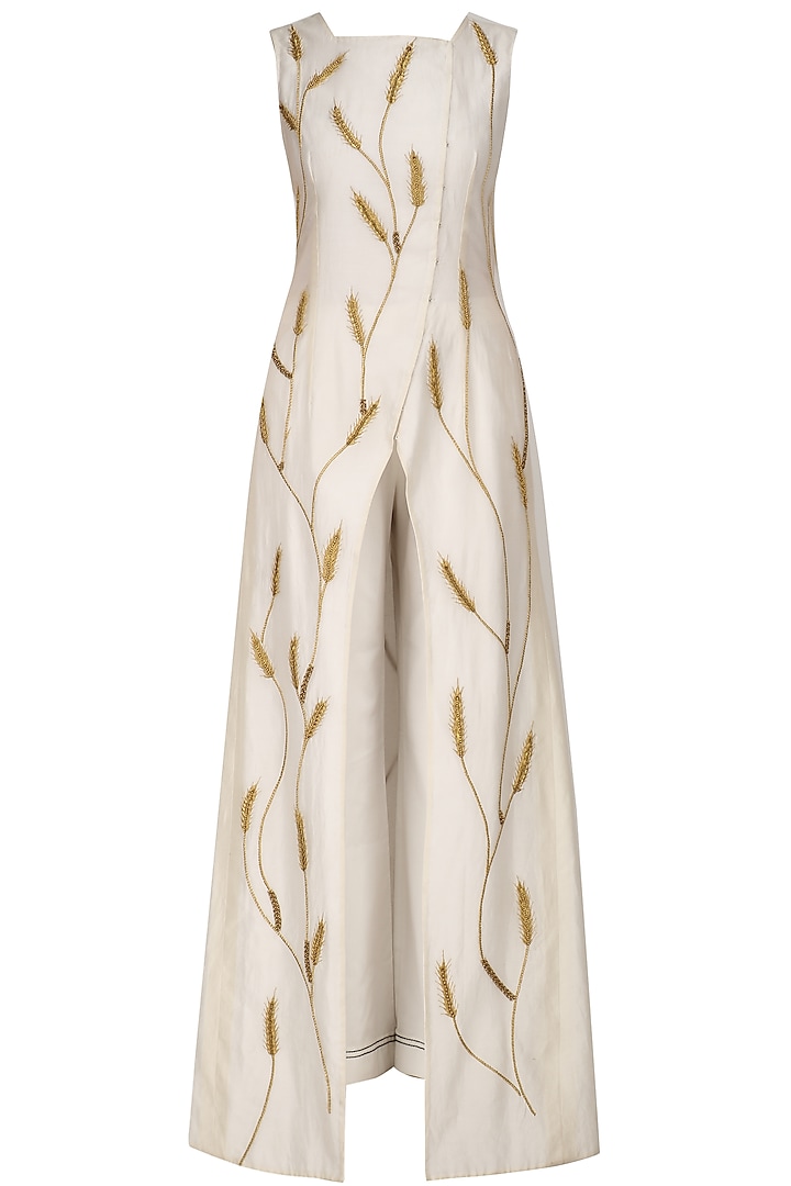 Ivory embroidered front open overlap gown with palazzos available only at Pernia's Pop Up Shop.