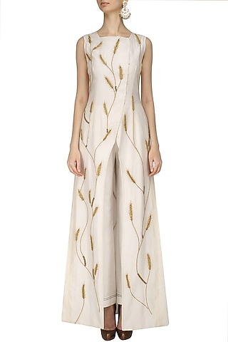 Ivory Embroidered Front Open Overlap Gown by Samant Chauhan