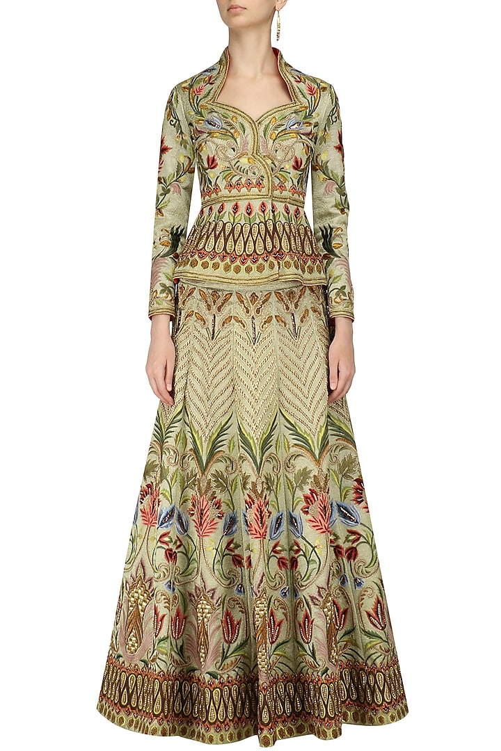Gold heavy embroidered front open jacket lehenga set available only at Pernia's Pop Up Shop.