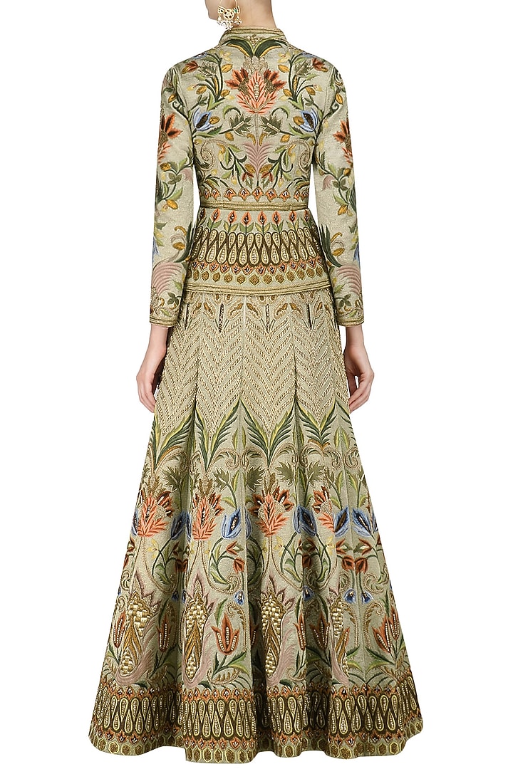 Gold heavy embroidered front open jacket lehenga set available only at Pernia's Pop Up Shop.