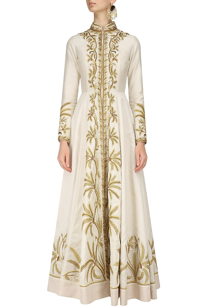 Ivory front open floral embroidered gown available only at Pernia's Pop Up Shop.