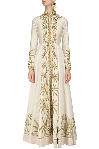 Ivory Front Open Floral Embroidered Gown by Samant Chauhan