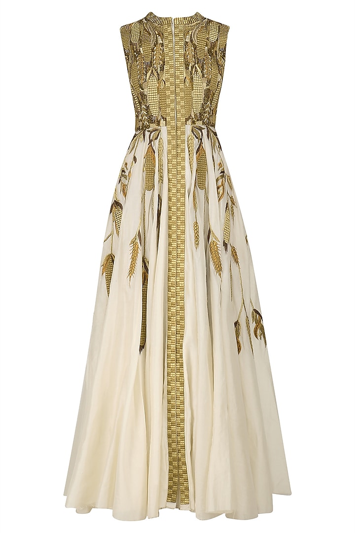 Ivory and gold front open heavy zari embroidered gown available only at ...