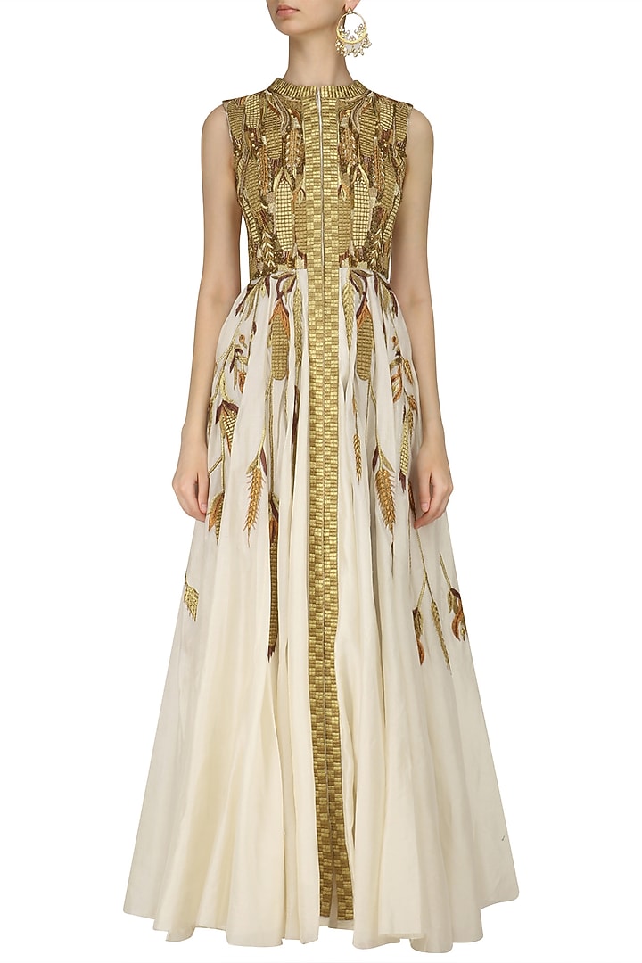 Ivory and gold front open heavy zari embroidered gown available only at Pernia's Pop Up Shop.