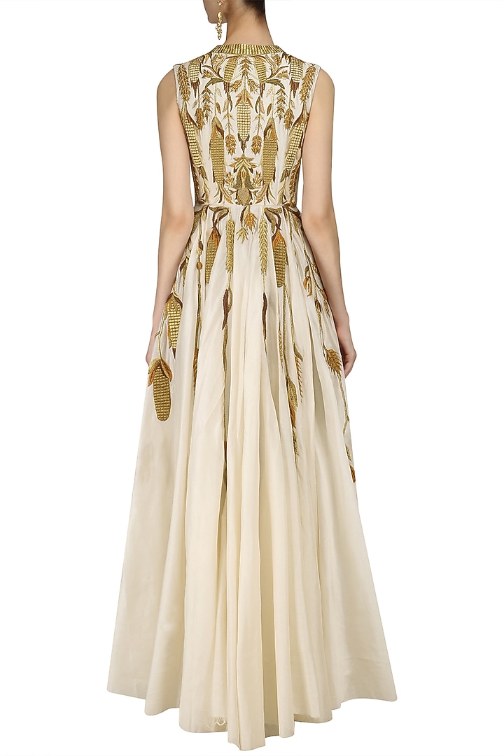 Ivory and gold front open heavy zari embroidered gown available only at Pernia's Pop Up Shop.