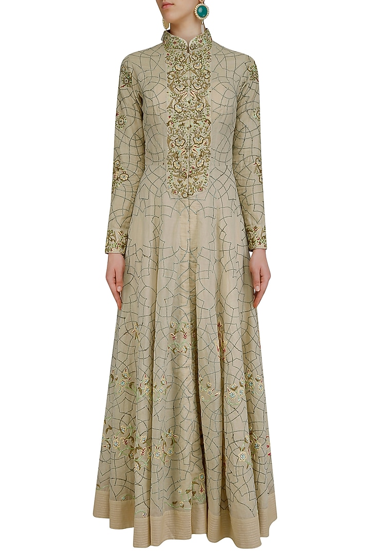 Nude floral embroidered front open flared gown available only at Pernia's Pop Up Shop.