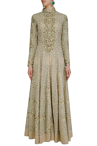 Nude Floral Embroidered Front Open Flared Gown by Samant Chauhan