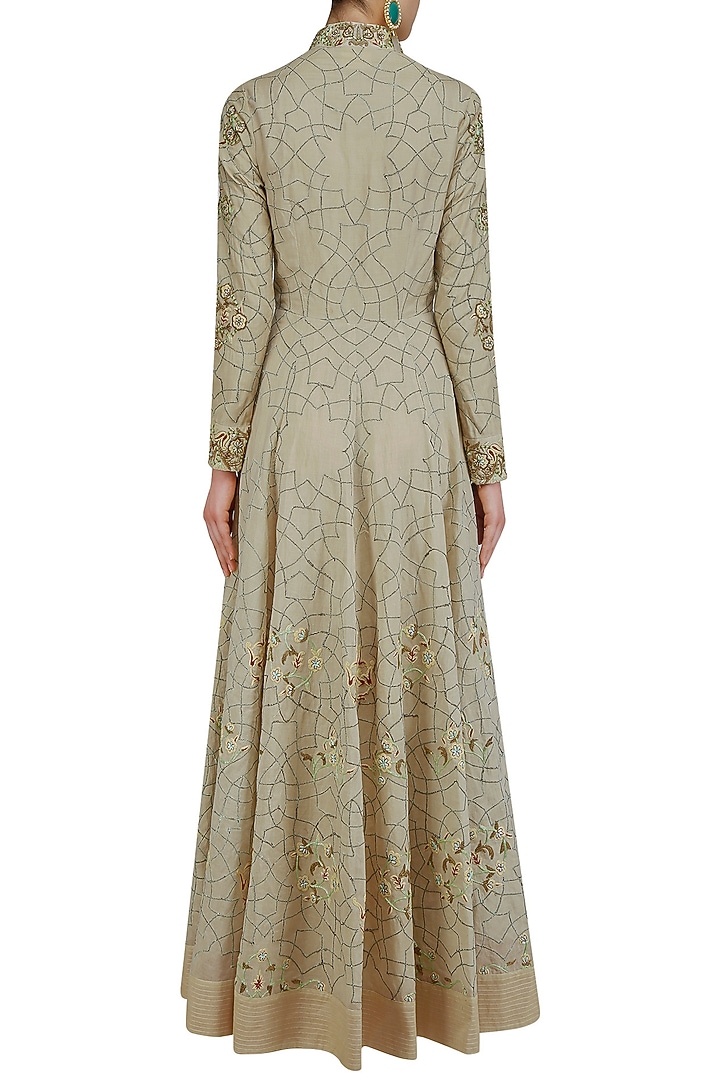 Nude floral embroidered front open flared gown available only at Pernia's Pop Up Shop.