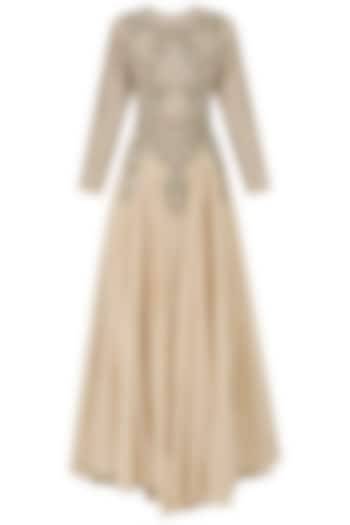 Nude zari embroidered flared gown available only at Pernia's Pop Up Shop.