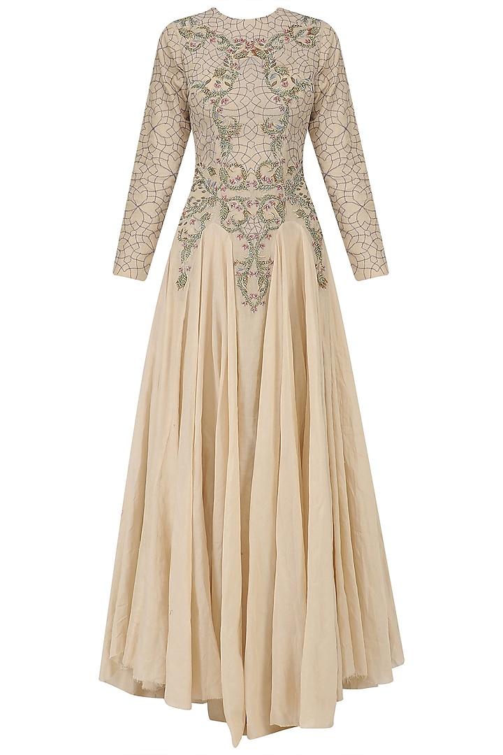 Nude Zari Embroidered Flared Gown by Samant Chauhan
