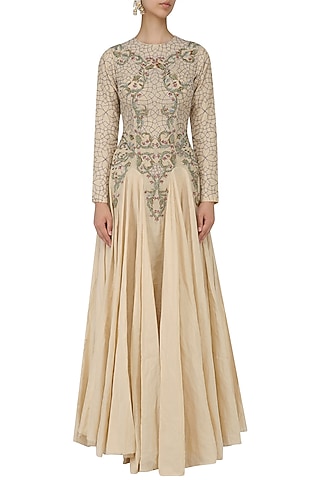 Nude Zari Embroidered Flared Gown by Samant Chauhan