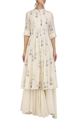 White Leaves Block Print Kurta and Inner Set by Samant Chauhan
