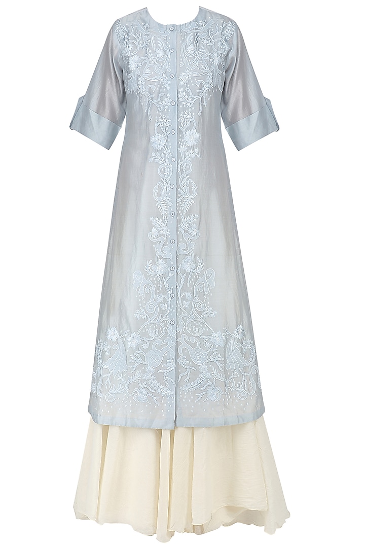 Blue Floral Embroidered Kurta and Inner Set by Samant Chauhan