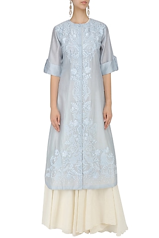Blue Floral Embroidered Kurta and Inner Set by Samant Chauhan