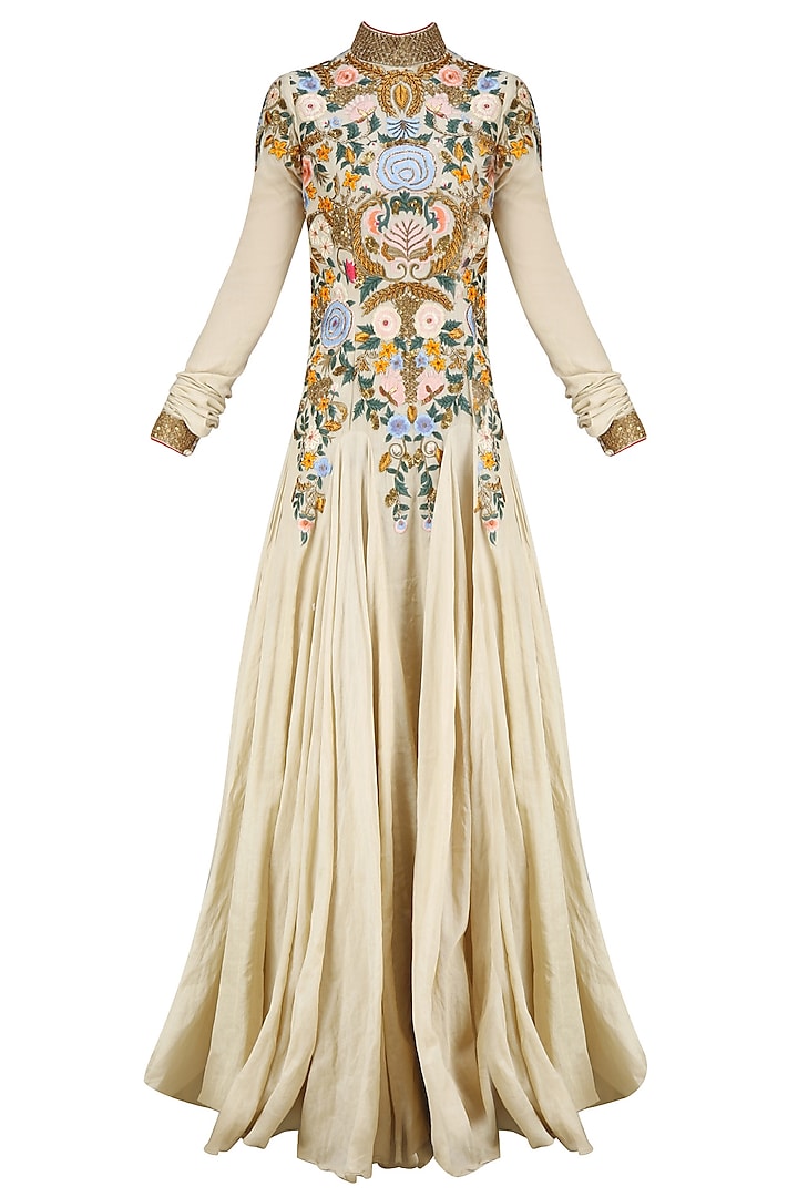 Gold silk thread and zari floral embroidered gown available only at Pernia's Pop Up Shop.