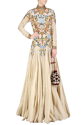 Gold Silk Thread and Zari Floral Embroidered Gown by Samant Chauhan