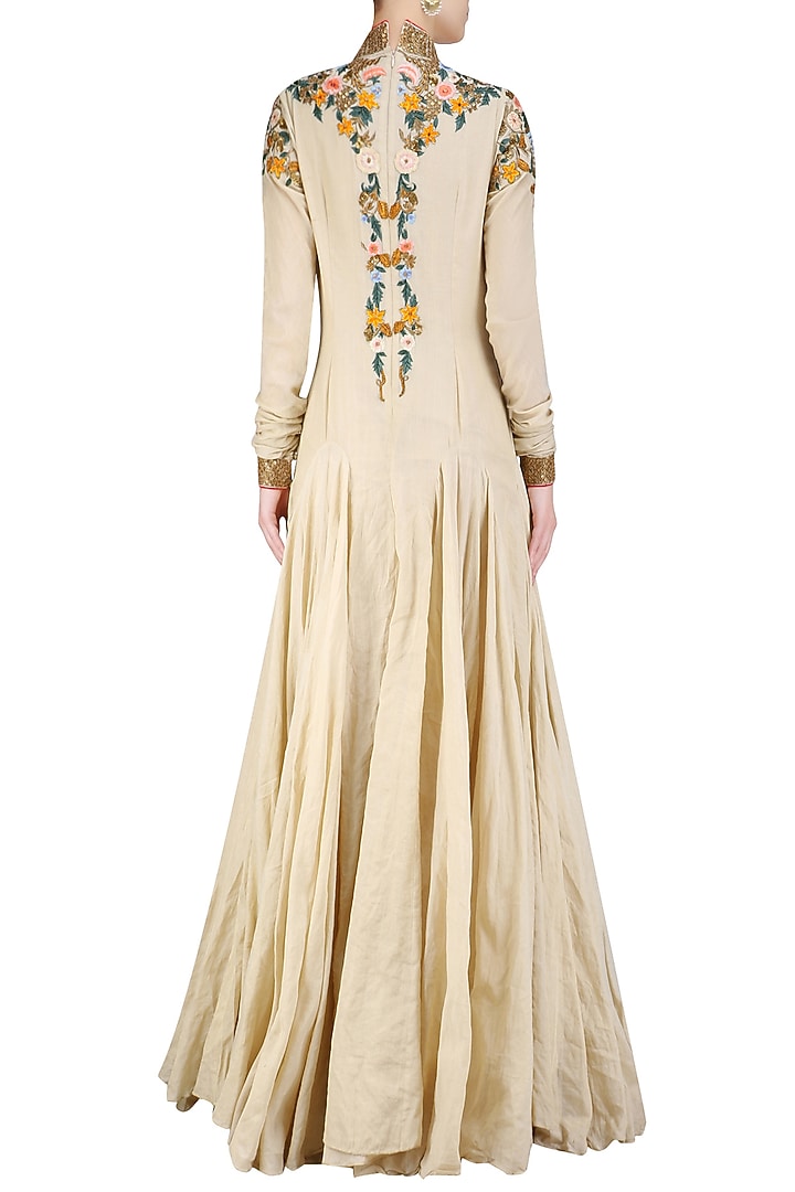 Gold silk thread and zari floral embroidered gown available only at Pernia's Pop Up Shop.