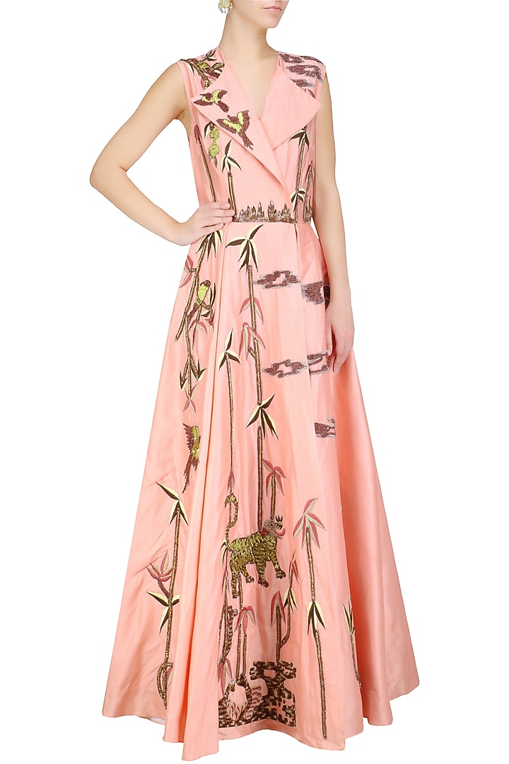 Peach silk thread and zari floral embroidered angrakha style gown available only at Pernia's Pop Up Shop.