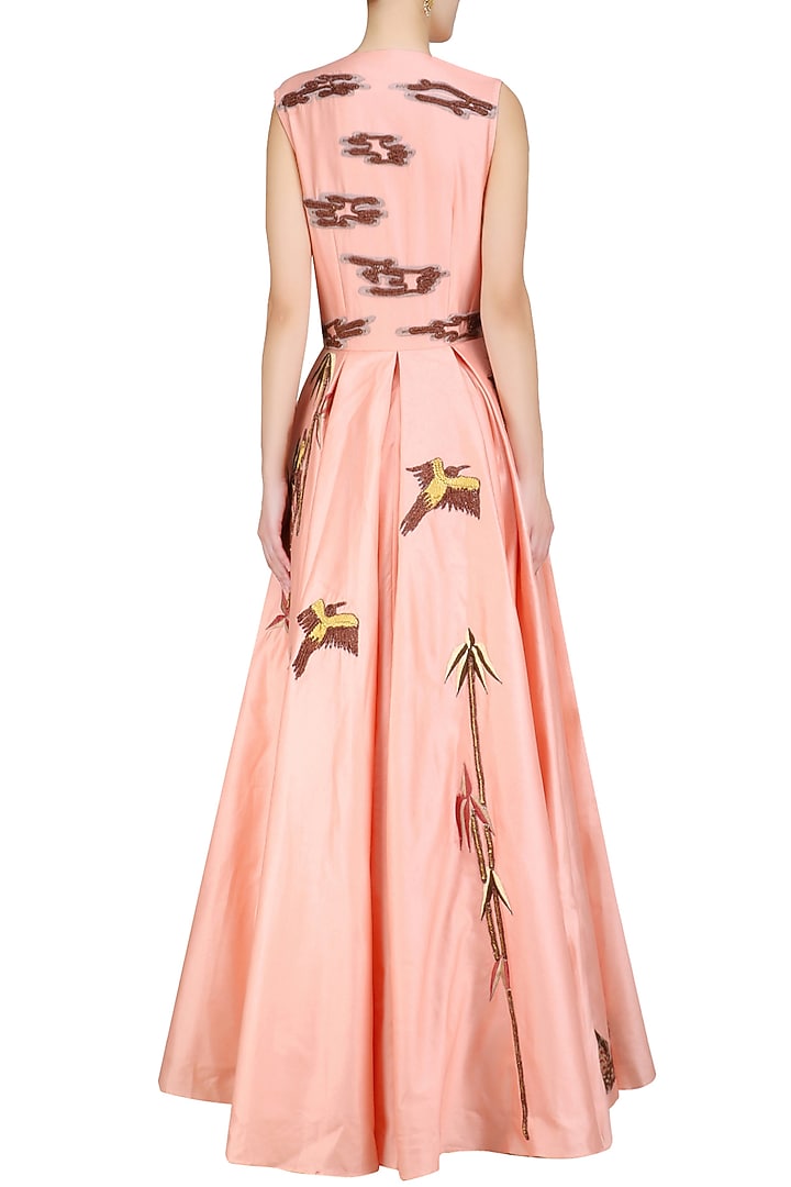 Peach silk thread and zari floral embroidered angrakha style gown available only at Pernia's Pop Up Shop.