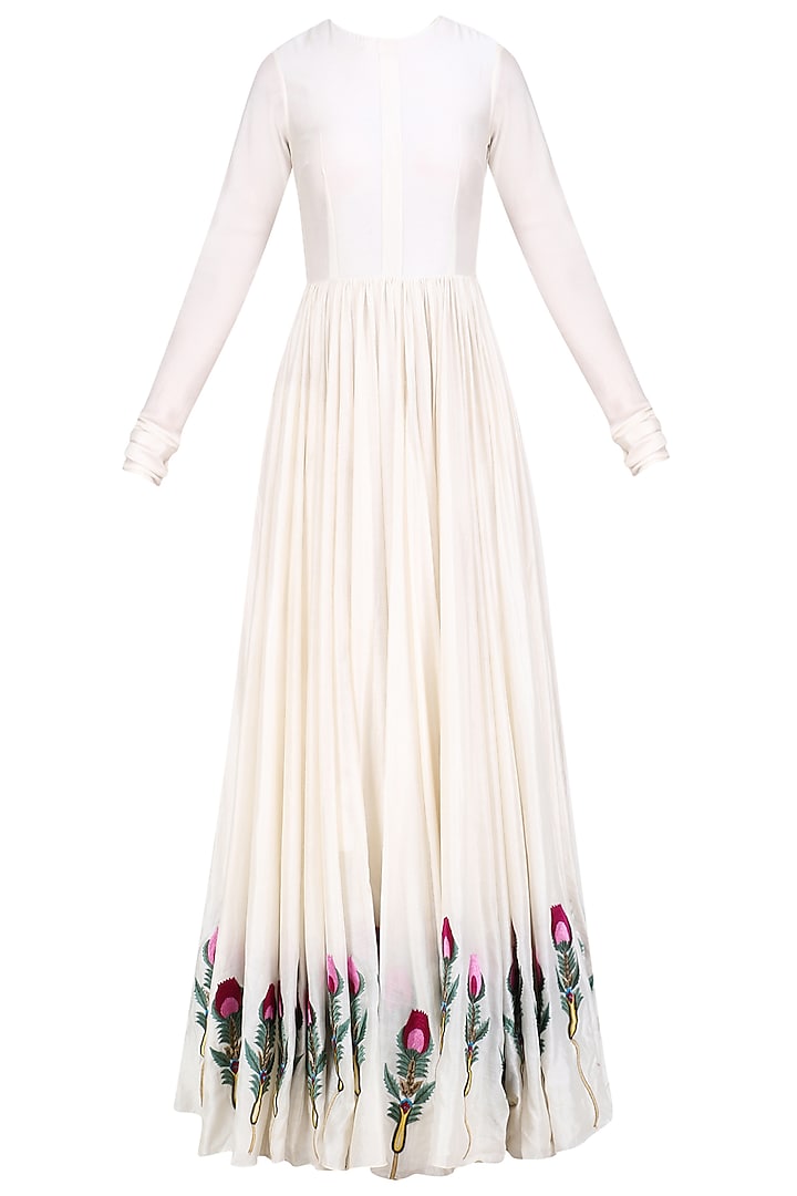Off White Silk Thread and Zari Floral Embroidered Gown by Samant Chauhan