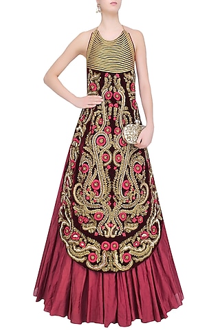 Maroon Floral Embroidered Halter Neck Gown by Samant Chauhan