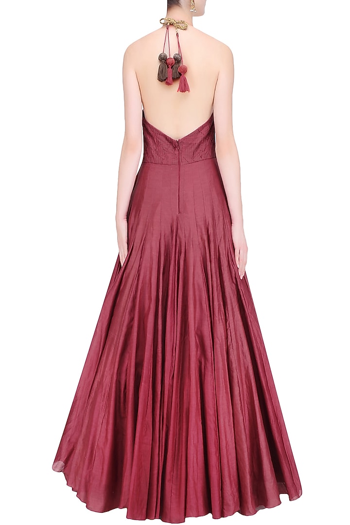 Maroon floral embroidered halter neck gown available only at Pernia's Pop Up Shop.