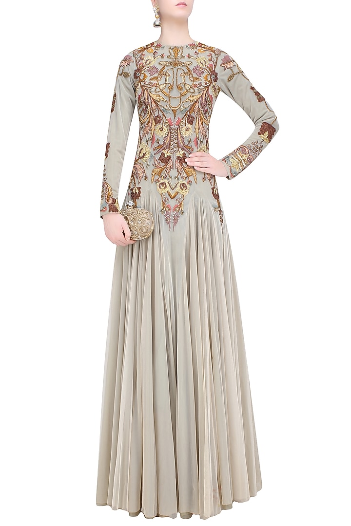 Off white and gold floral embroidered kalidaar gown available only at Pernia's Pop Up Shop.