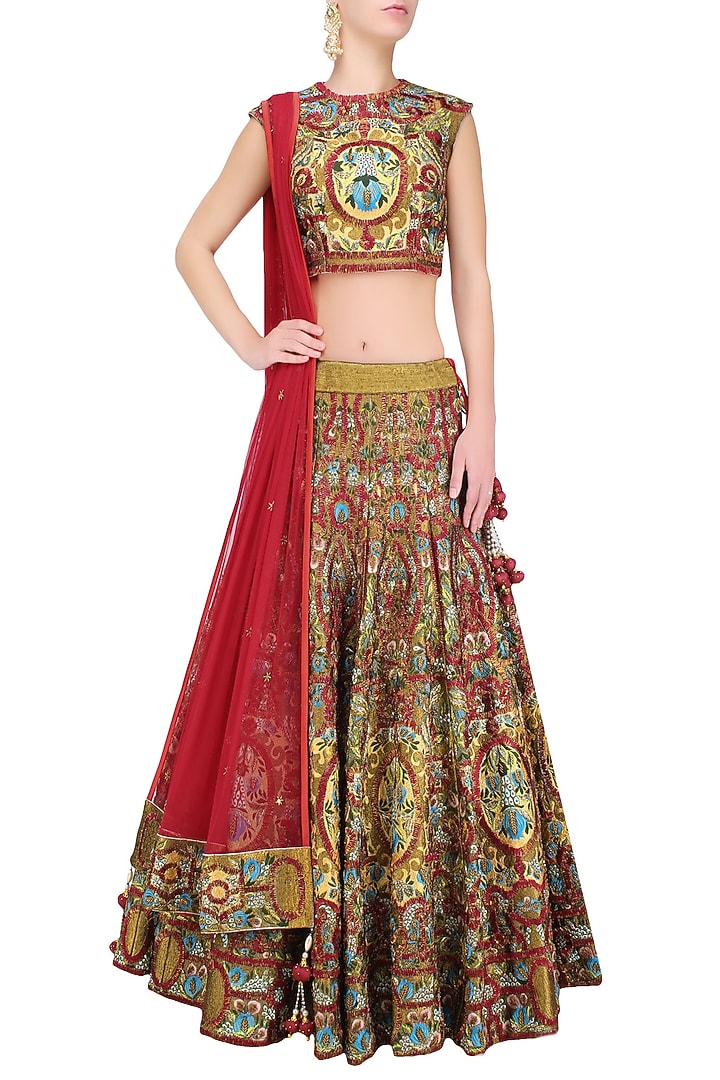 Red silk thread and zari embroidered lehenga set available only at Pernia's Pop Up Shop.