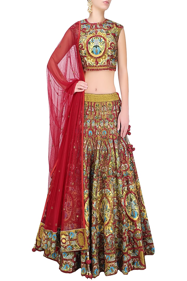 Red silk thread and zari embroidered lehenga set available only at Pernia's Pop Up Shop.