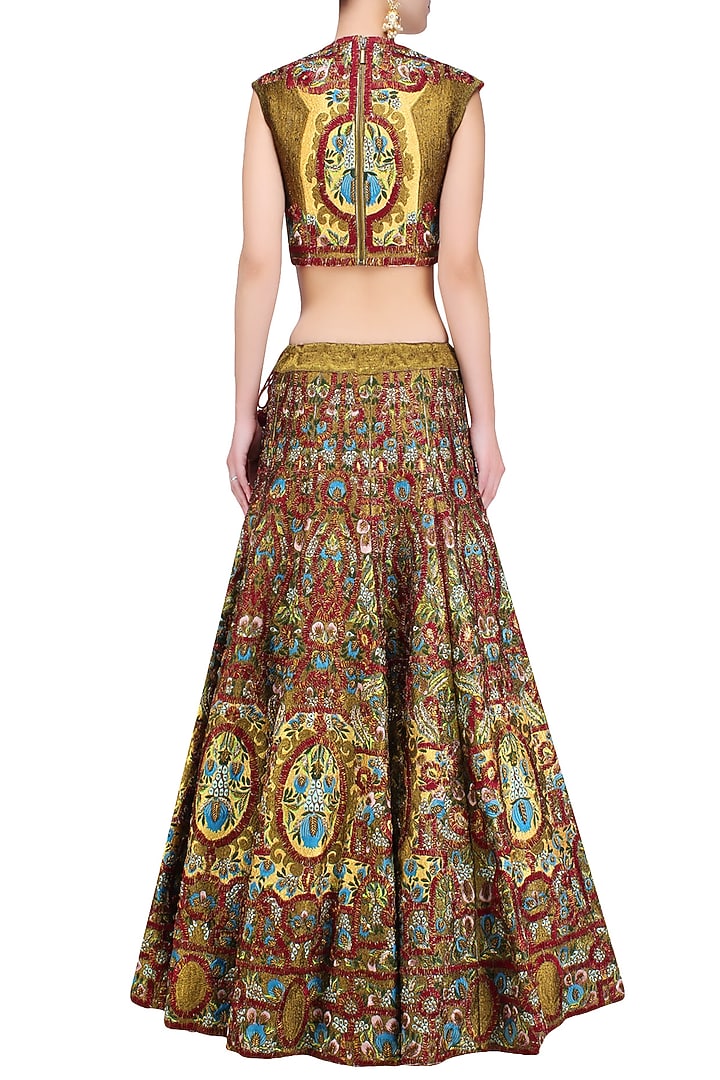 Red silk thread and zari embroidered lehenga set available only at Pernia's Pop Up Shop.
