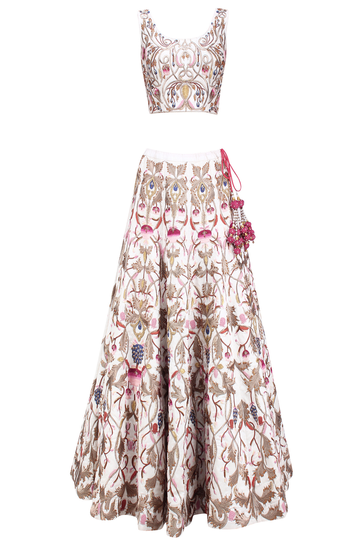 Off white silk thread and zari embroidered lehenga set available only at Pernia's Pop Up Shop.