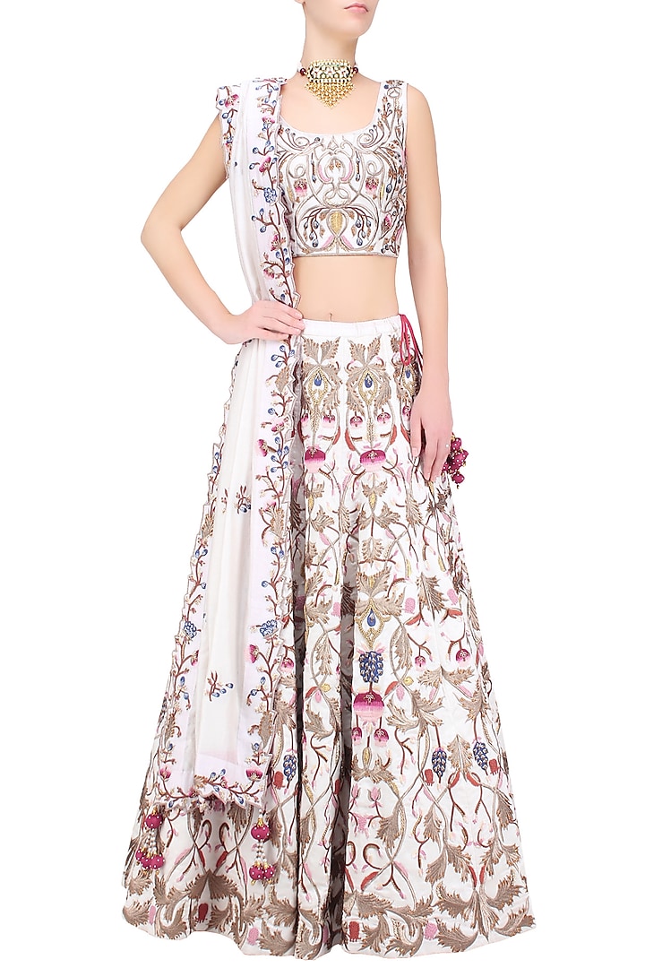 Off white silk thread and zari embroidered lehenga set available only at Pernia's Pop Up Shop.