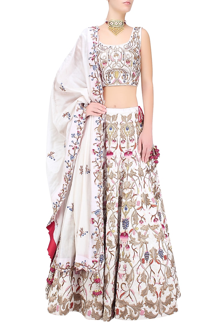 Off white silk thread and zari embroidered lehenga set available only at Pernia's Pop Up Shop.