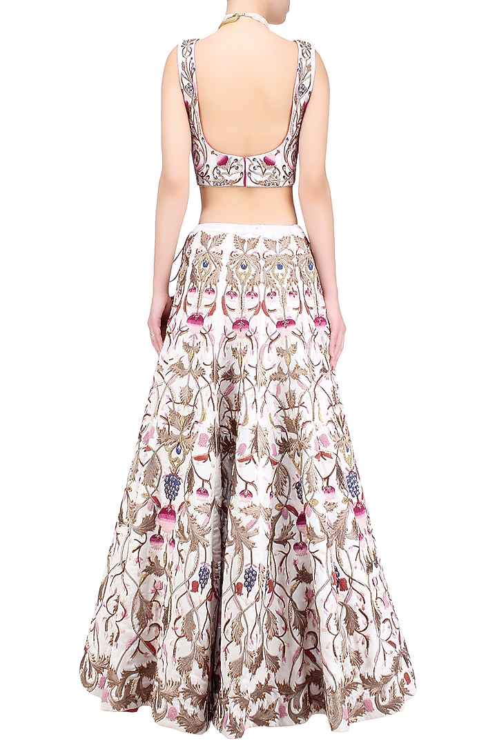 Off white silk thread and zari embroidered lehenga set available only at Pernia's Pop Up Shop.