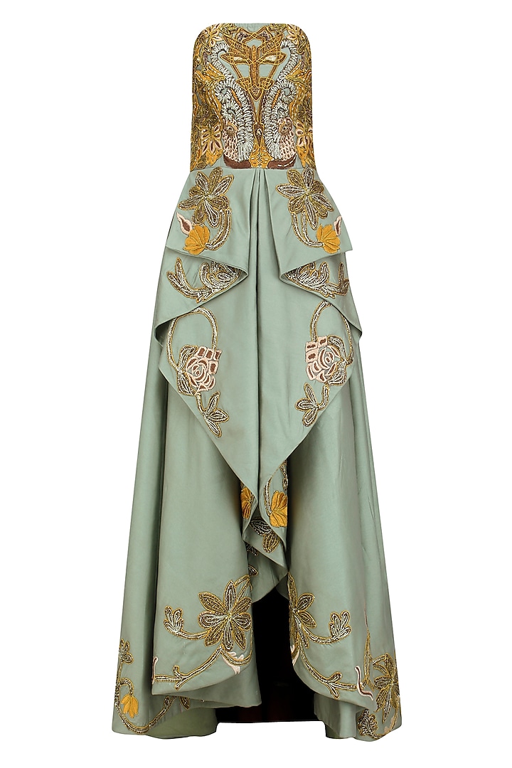 Green Silk Thread and Zari Embroidered Off Shoulder Gown by Samant Chauhan