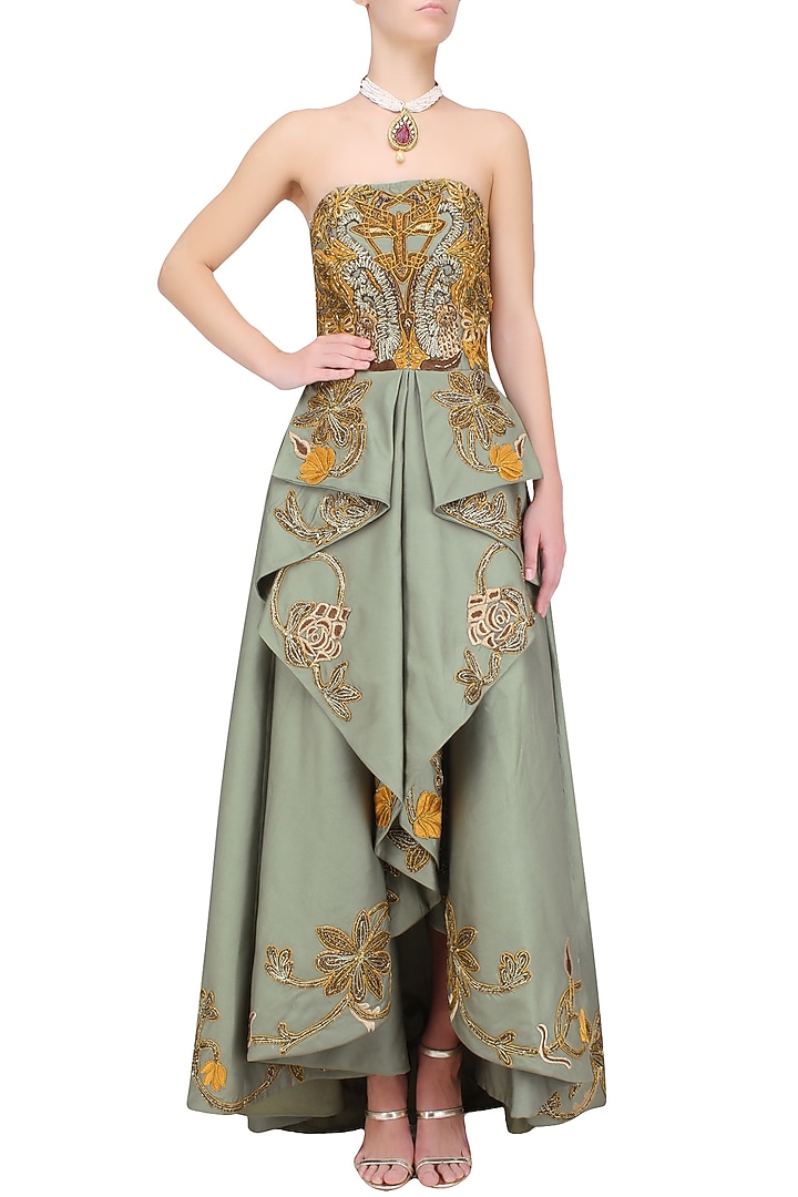 Green silk thread and zari embroidered off shoulder gown available only at Pernia's Pop Up Shop.