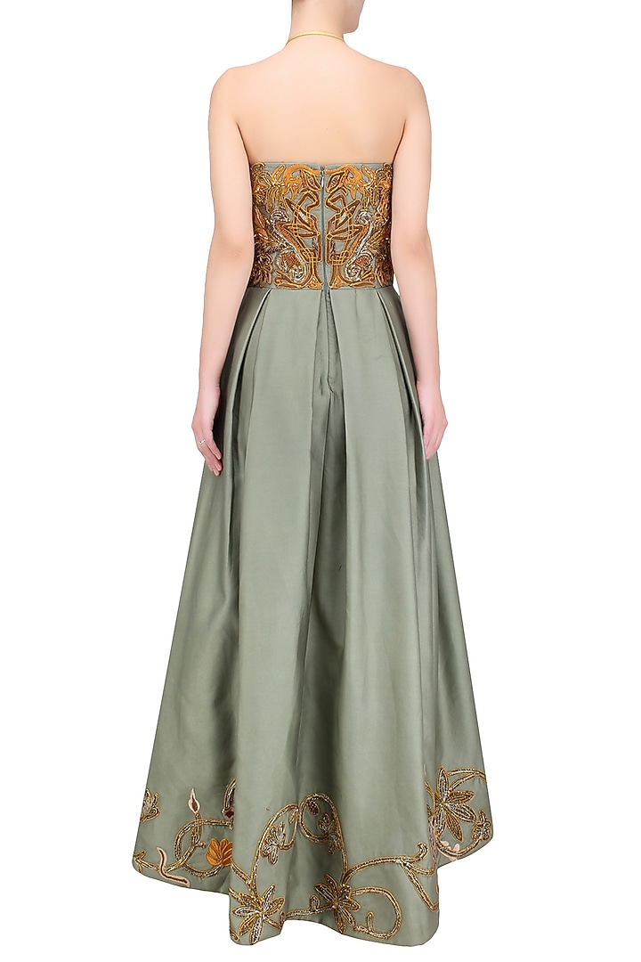 Green silk thread and zari embroidered off shoulder gown available only at Pernia's Pop Up Shop.