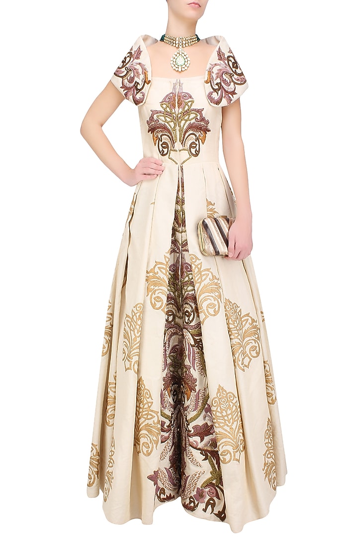Gold block print and zari embroidered front open gown available only at Pernia's Pop Up Shop.