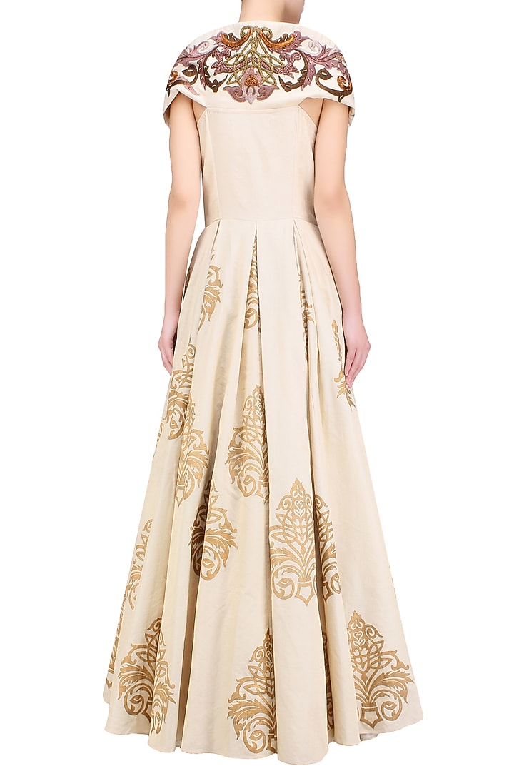 Gold block print and zari embroidered front open gown available only at Pernia's Pop Up Shop.