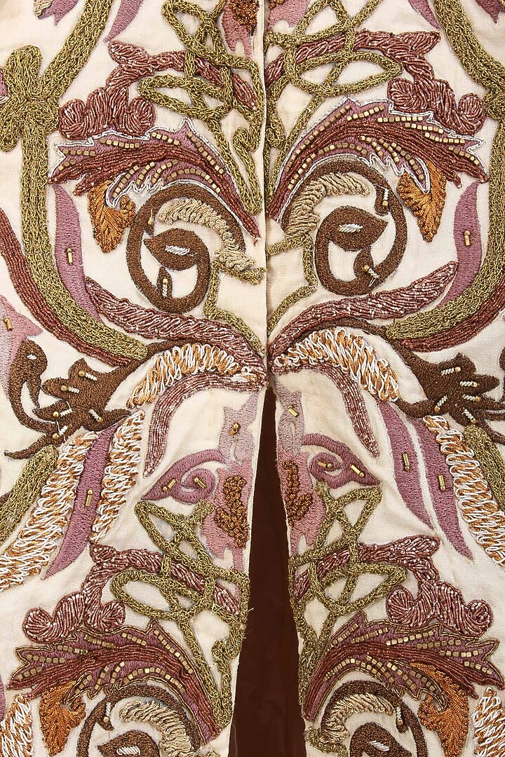Gold block print and zari embroidered front open gown available only at Pernia's Pop Up Shop.
