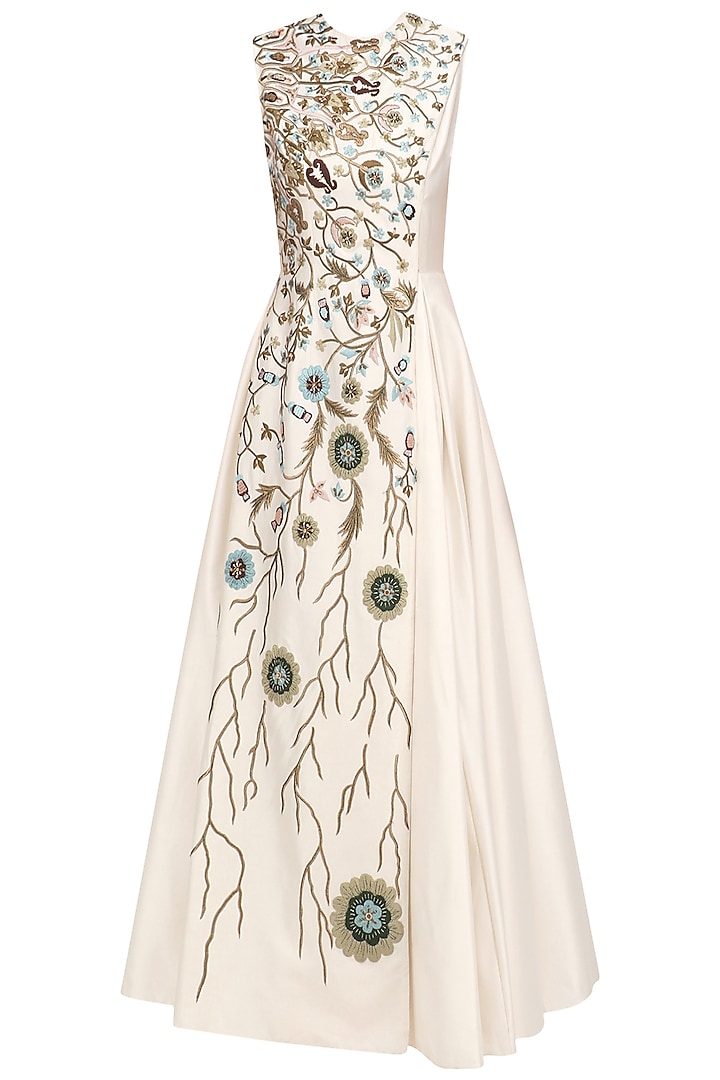 Off White Gown with Floral Embroidery by Samant Chauhan