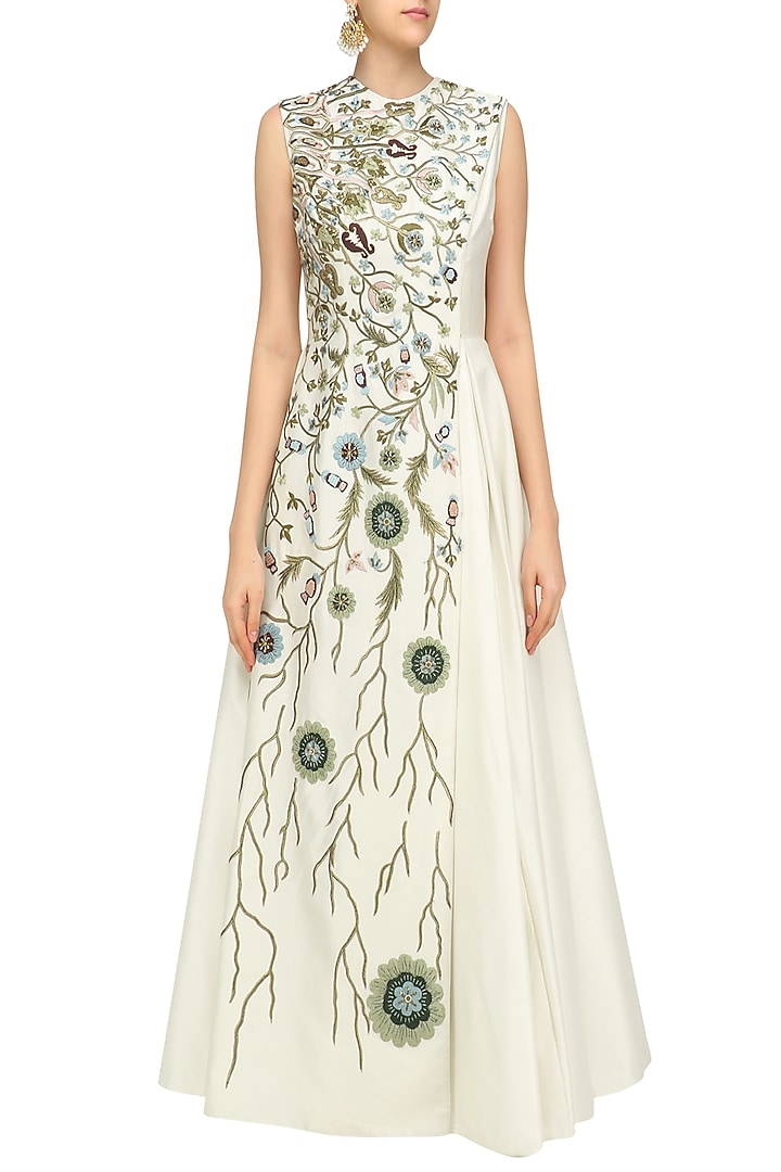 Off white gown with floral embroidery available only at Pernia's Pop Up Shop.